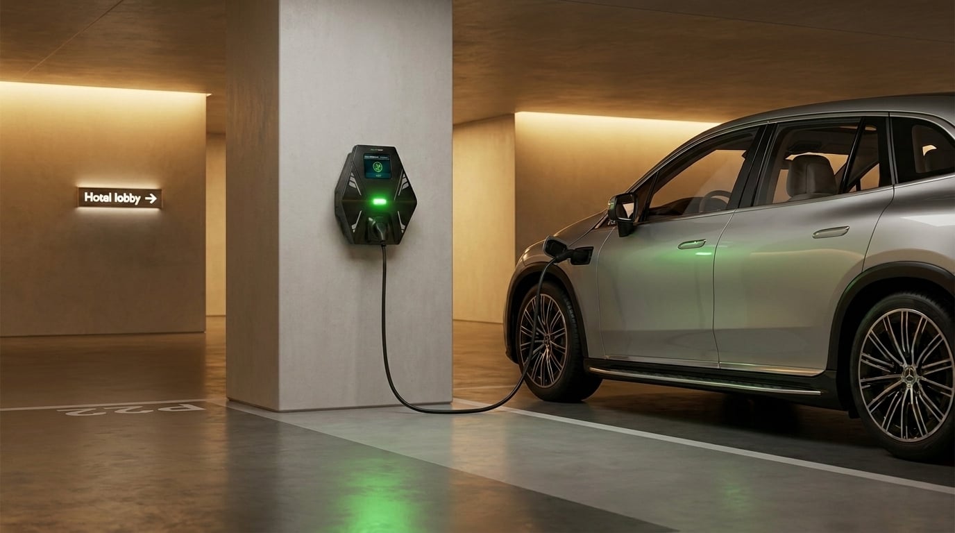 Hotel underground garage with HeyCharge HW18 wallbox charging an electric vehicle