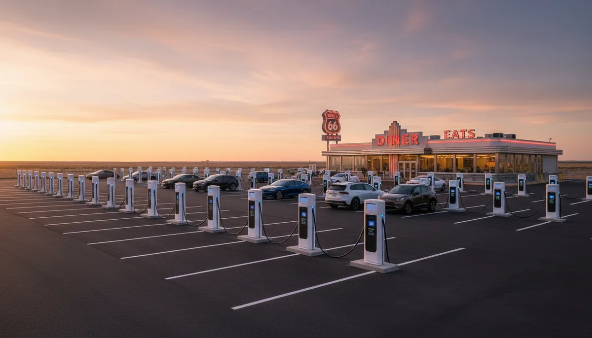 Large American EV charging park at golden hour with rows of charging stations and a classic roadside diner in the background