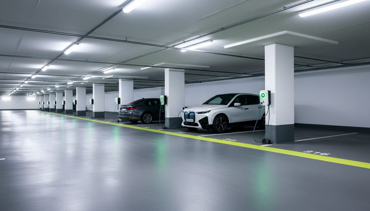 EV chargers installed in an underground parking garage