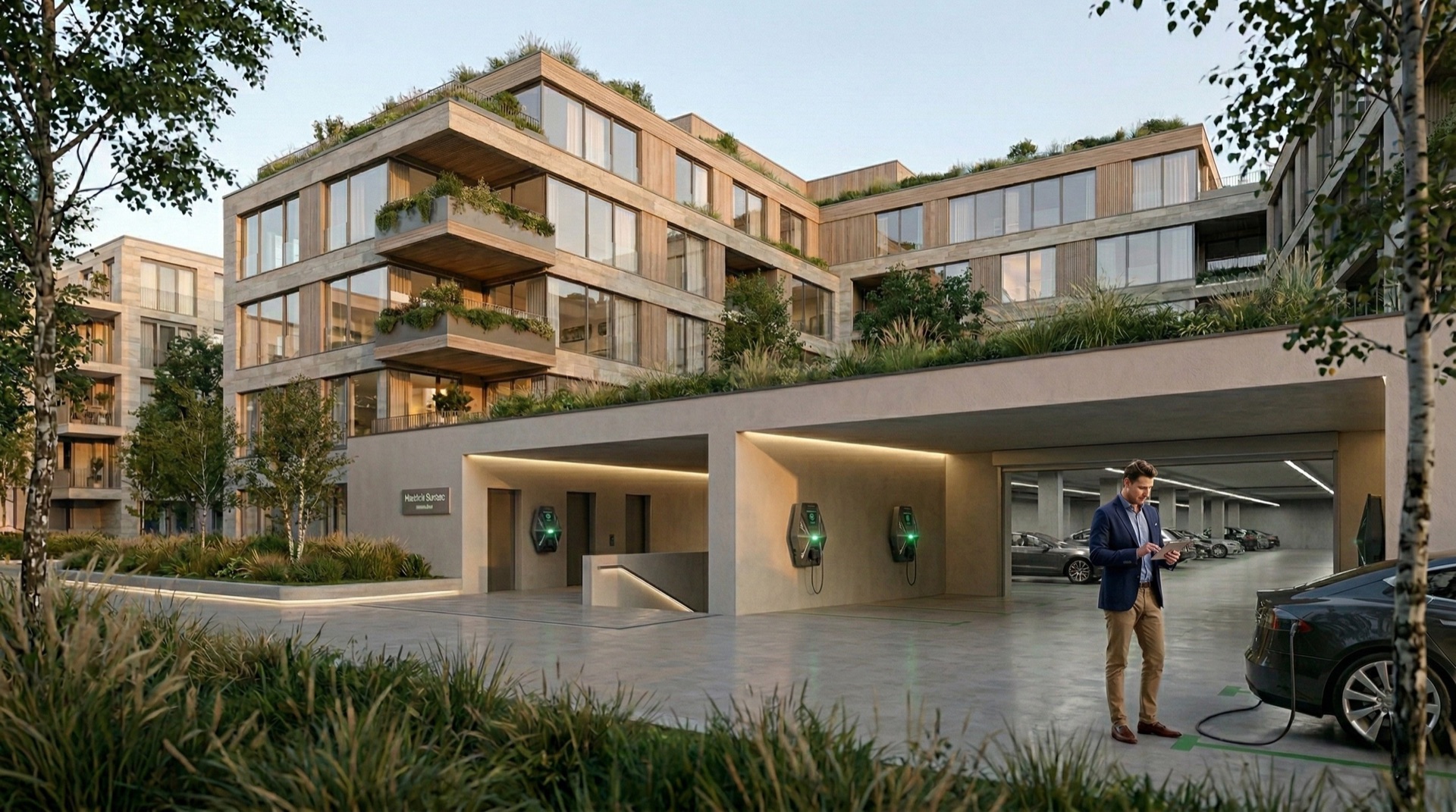 Modern European apartment building with covered parking and EV chargers